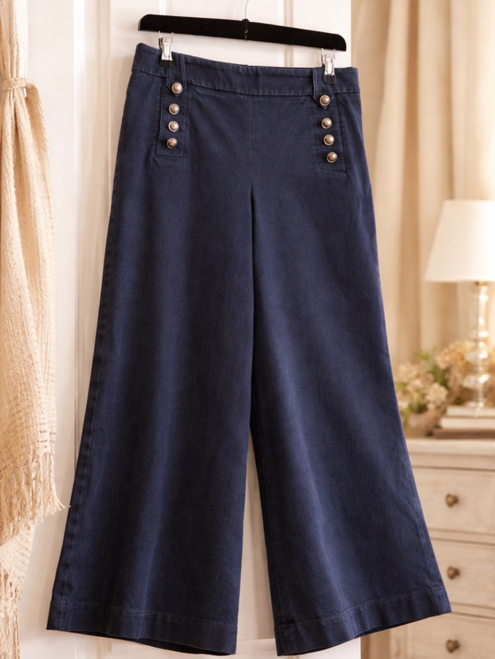 Talbots Navy Wide Leg Cropped Pants Size 8 High Waist Sailor Button Culottes